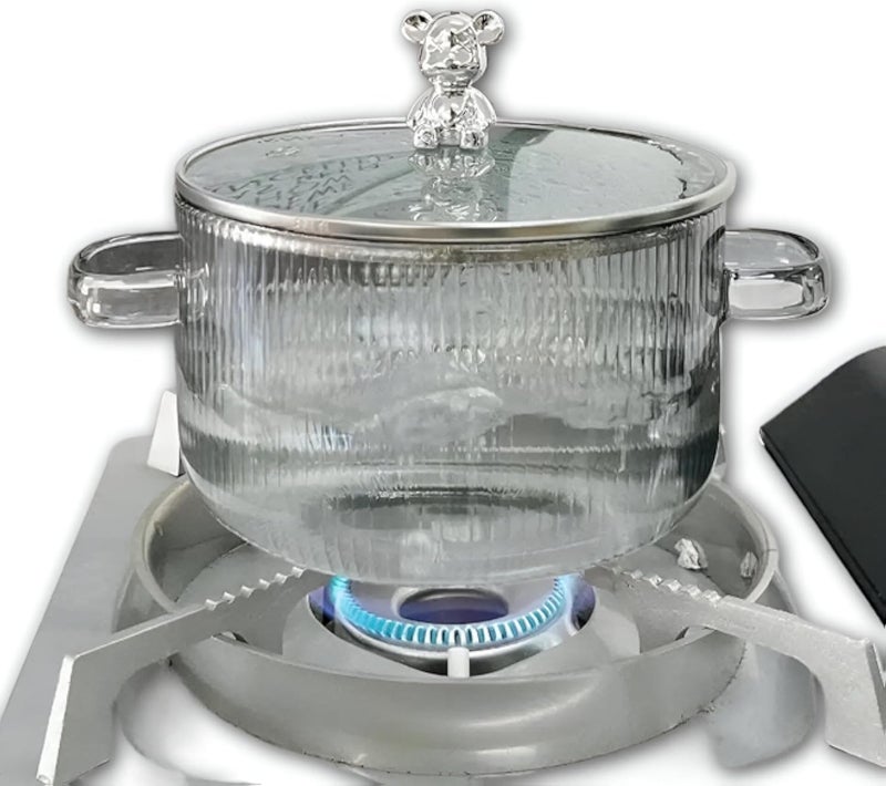 Stove-Ready Glass Pot - 1.7L Heat-Resistant Casserole with Bear Handle Cover, Clear Ribbed Finish, Double Handle Design, Ideal for Making Soups, Pasta, Milk on the Stove